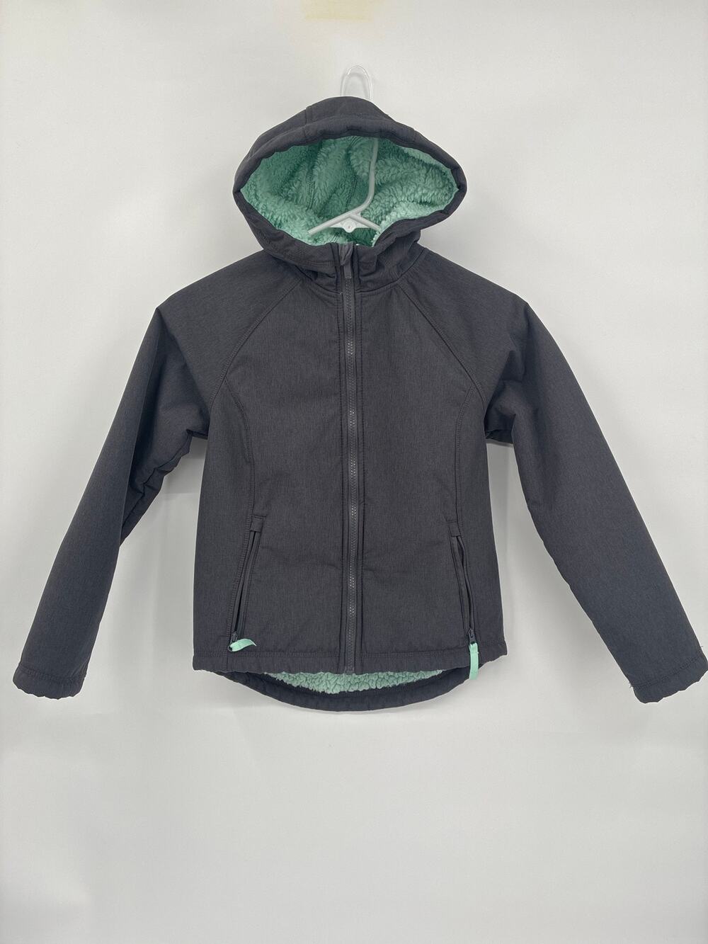 All in motion Gray Softshell Coat Teal Green Fuzzy Fleece Lined Girls M 7/8